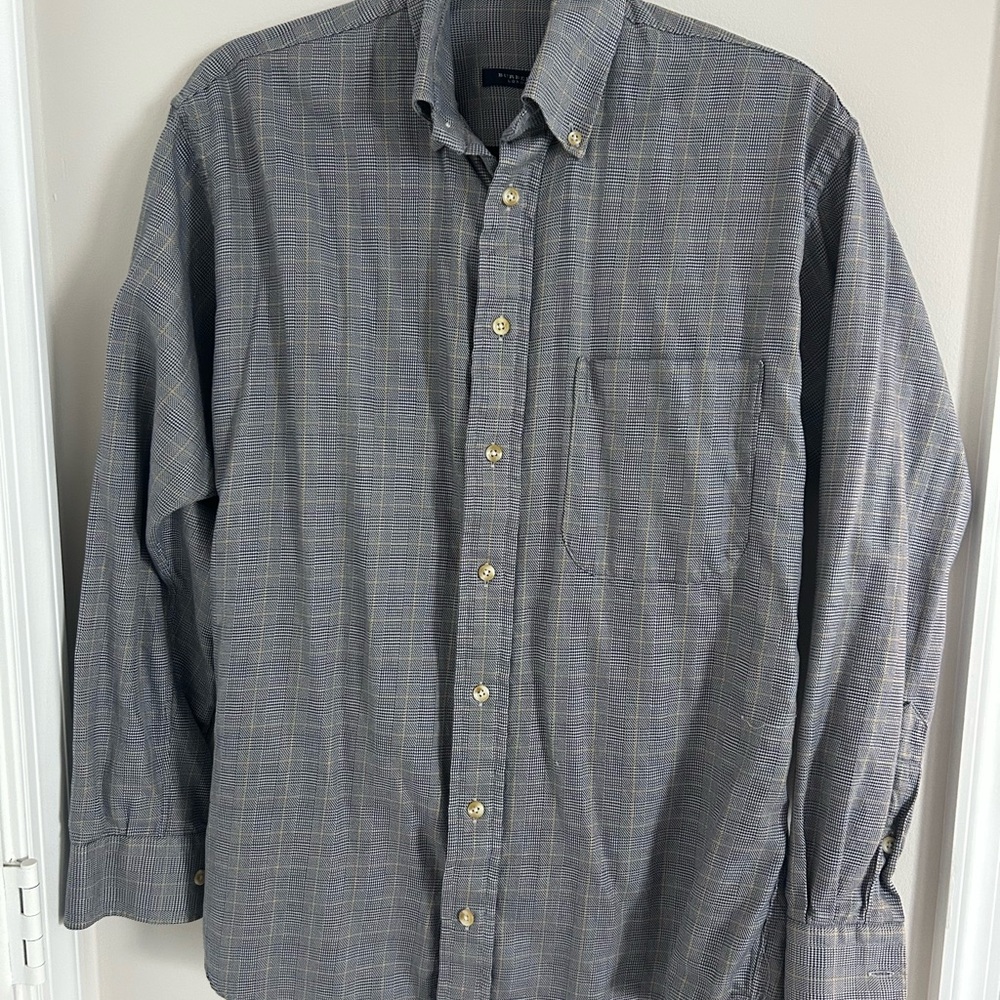 Burberry Gray Casual Button Down Shirt w/ Plaid Window Pane Pattern 100% Cotton